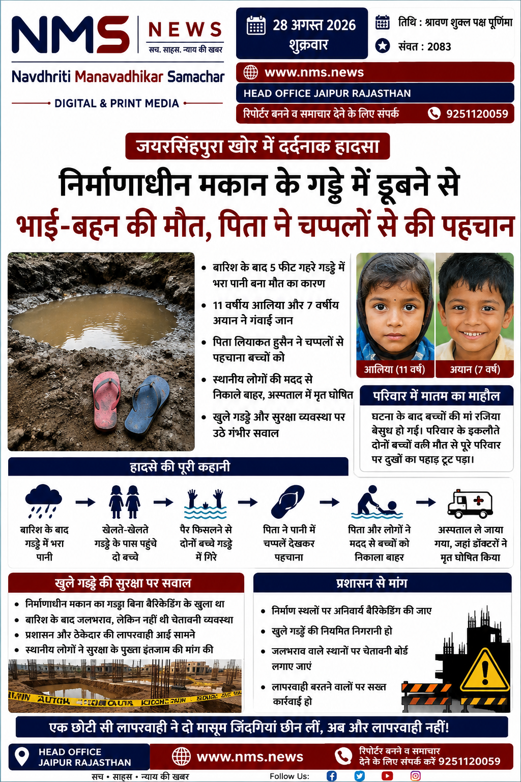 जयपुर। राजधानी जयपुर के जयरसिंहपुरा खोर क्षेत्र में निर्माणाधीन मकान के लिए खोदे गए करीब 5 फीट गहरे गड्ढे में बारिश का पानी भरने से दो मासूम भाई-बहन की डूबने से मौत हो गई। हादसे के बाद इलाके में मातम छा गया और खुले गड्ढों की सुरक्षा व्यवस्था पर गंभीर सवाल खड़े हो गए हैं।