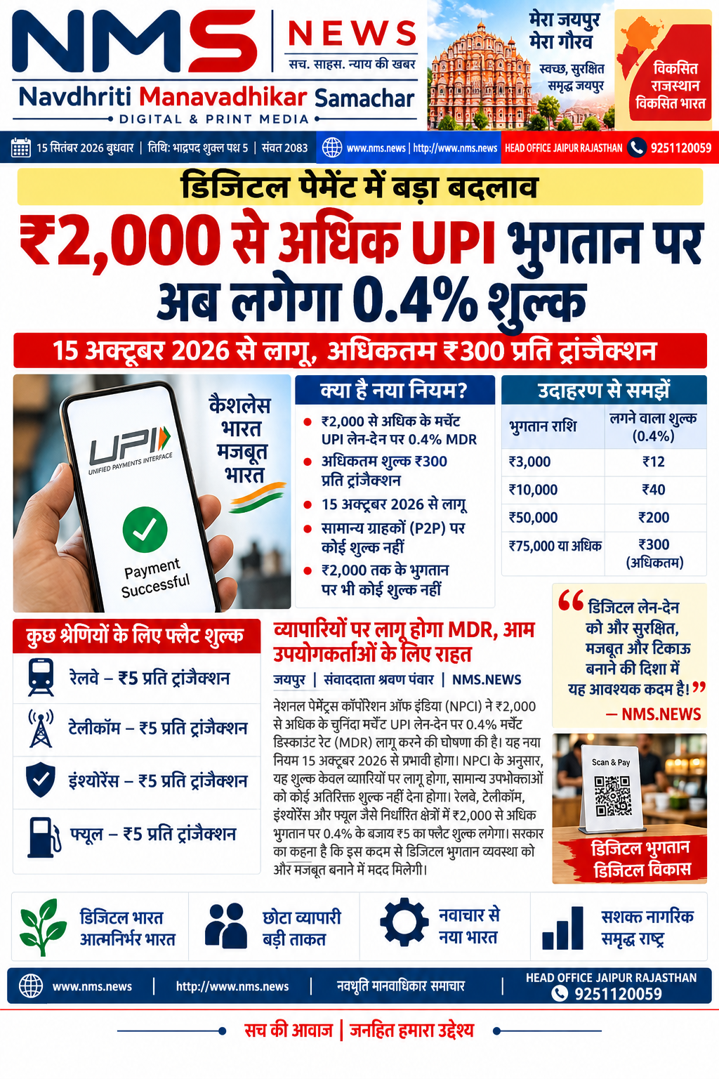 नई दिल्ली, 15 सितंबर 2026। डिजिटल भुगतान के क्षेत्र में बड़ा बदलाव होने जा रहा है। नेशनल पेमेंट्स कॉरपोरेशन ऑफ इंडिया (NPCI) ने चुनिंदा Person-to-Merchant (P2M) UPI लेन-देन के लिए नया Merchant Discount Rate (MDR) ढांचा घोषित किया है। यह व्यवस्था 15 अक्टूबर 2026 से लागू होगी।