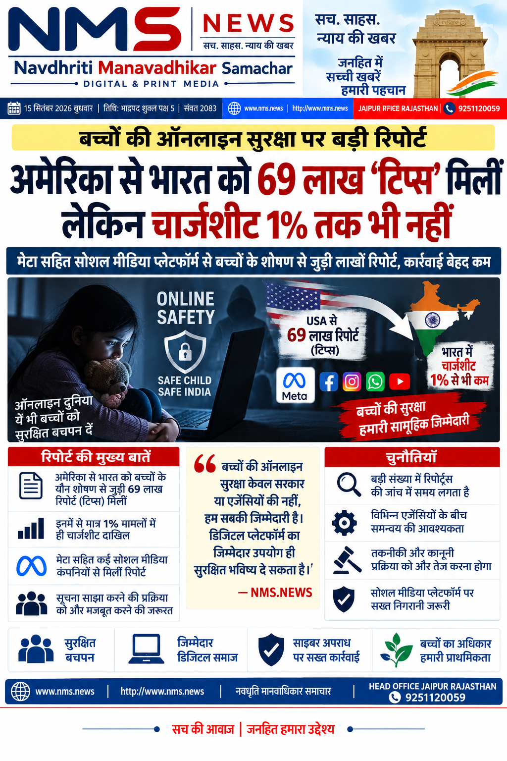जयपुर। बच्चों की ऑनलाइन सुरक्षा और साइबर अपराध से जुड़े मामलों को लेकर एक महत्वपूर्ण जानकारी सामने आई है। उपलब्ध समाचार रिपोर्ट के अनुसार, अमेरिका से भारत को बच्चों से संबंधित संदिग्ध ऑनलाइन गतिविधियों के संबंध में करीब 69 लाख रिपोर्ट/&lsquo;टिप्स&rsquo; प्राप्त हुईं। हालांकि, इन मामलों में कार्रवाई और चार्जशीट दाखिल होने का अनुपात बेहद कम बताया गया है।