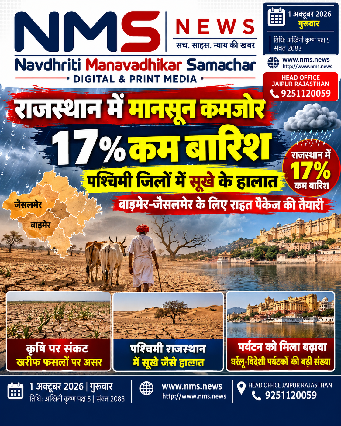 जयपुर। मानसून के अंतिम दौर में राजस्थान में बारिश की कमी चिंता का विषय बनी हुई है। उपलब्ध आंकड़ों के अनुसार प्रदेश में सामान्य की तुलना में करीब 17 प्रतिशत कम बारिश दर्ज की गई है। खासतौर पर पश्चिमी राजस्थान के कई जिलों में बारिश की कमी का असर खेती और ग्रामीण अर्थव्यवस्था पर दिखाई दे रहा है।